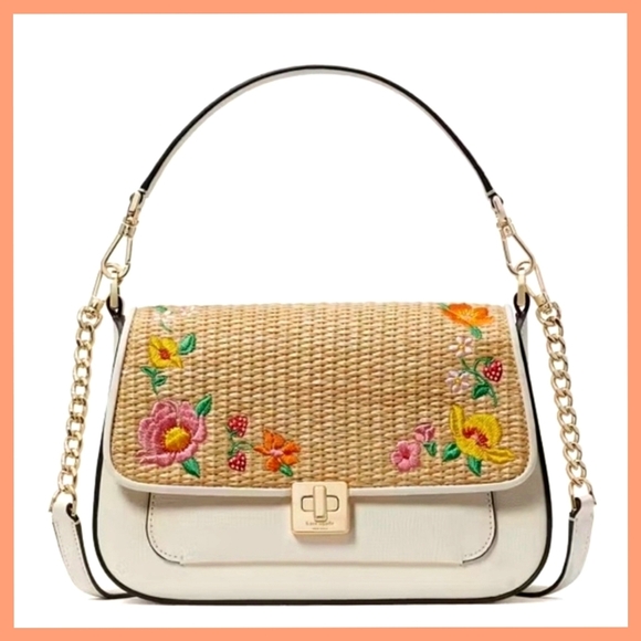 NEW Kate Spade Phoebe Embroidered Straw Flap Crossbody Shoulder Bag, Meringue - Picture 2 of 12